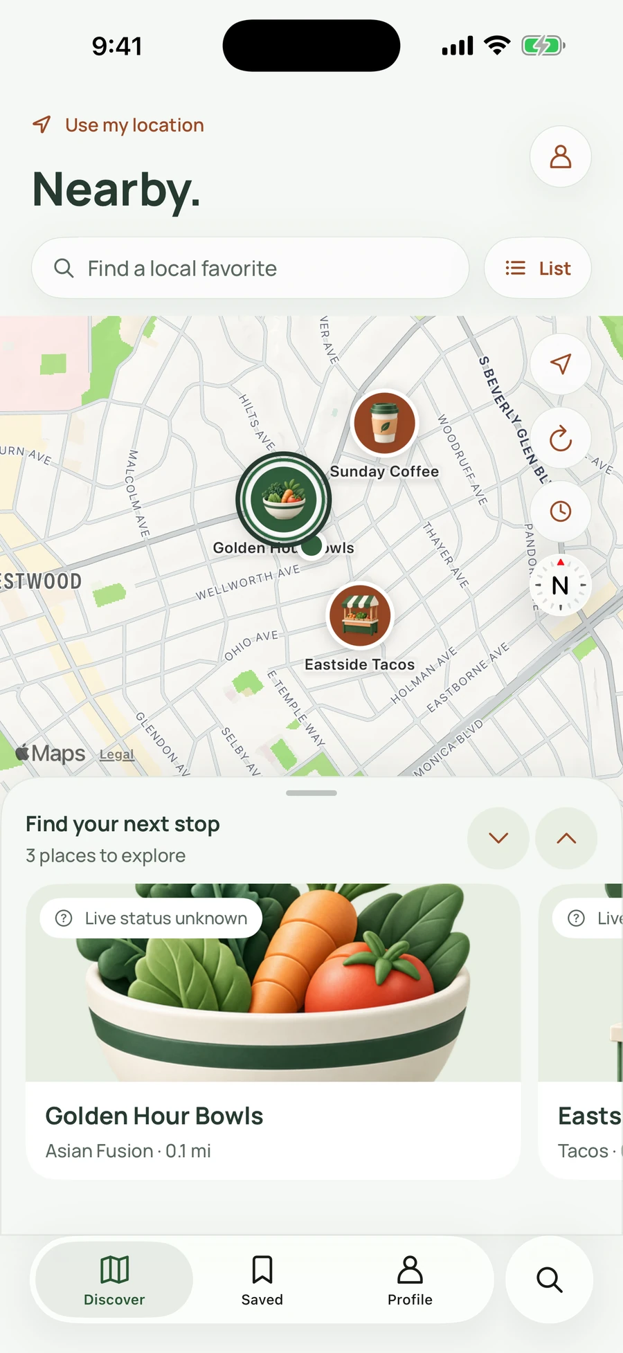 CurbSide Discover shows neighborhood vendor pins and a movable results sheet.